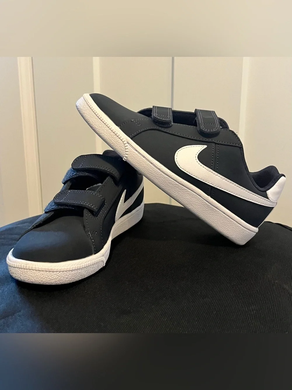 Nike Kids Black Sneakers with White Swoosh and Velcro Straps
